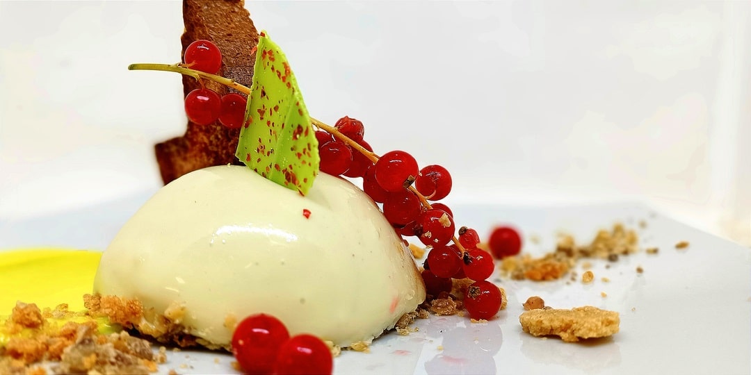 Dessert con semifreddo bianco, ribes rossi e cialda di cioccolato